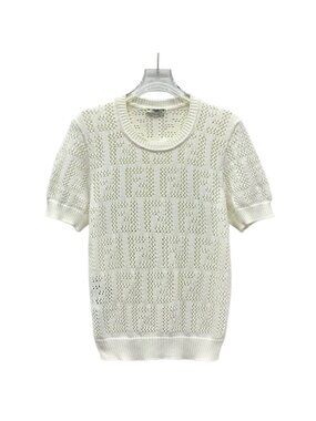 Fendi Ivory Double F Cutout Embroidered Cotton Knit T-Shirt